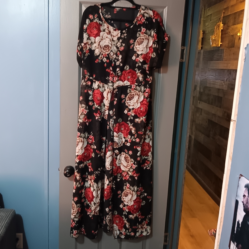 Floral V-Neck Maxi Dress with Elastic Waist Sheer - Black & Red
